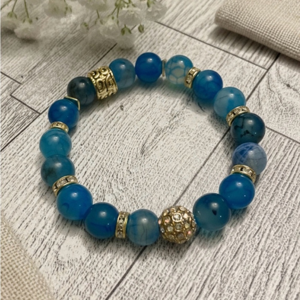 Azure Blue 10mm Dragon Vein Agate Bracelet with gold and CZ accents